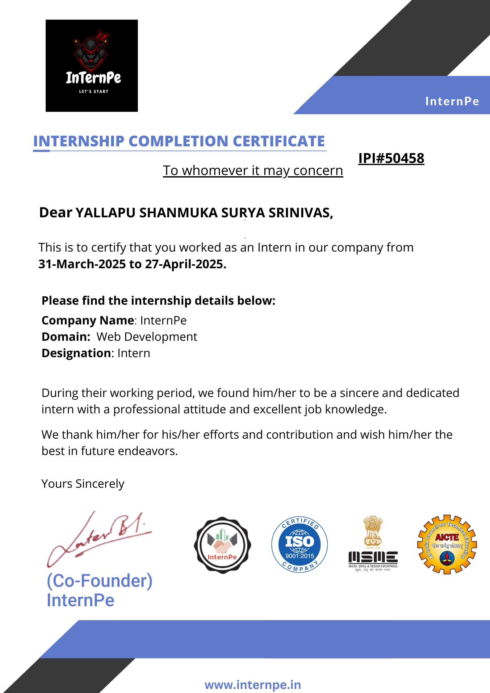 Internship Certificate